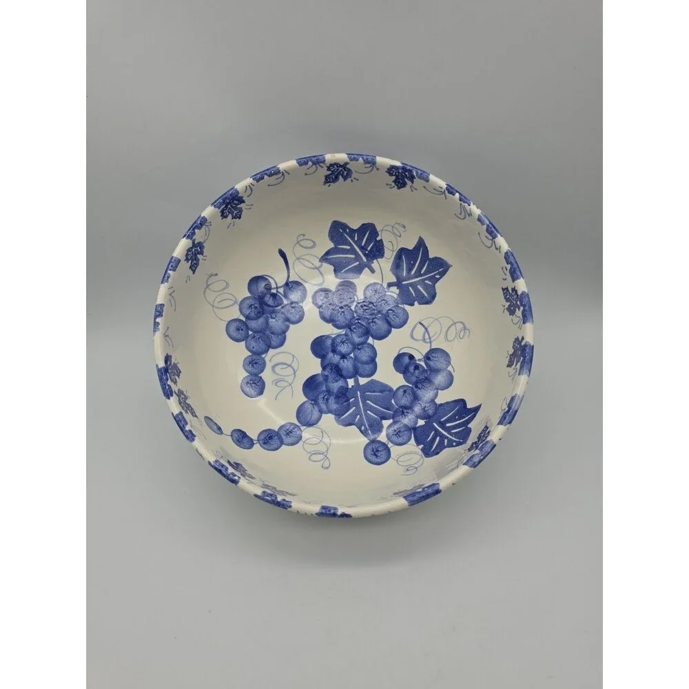 Vintage Pier One Large Serving Bowl Hand Painted Ceramic Blue Grapes Italy Made